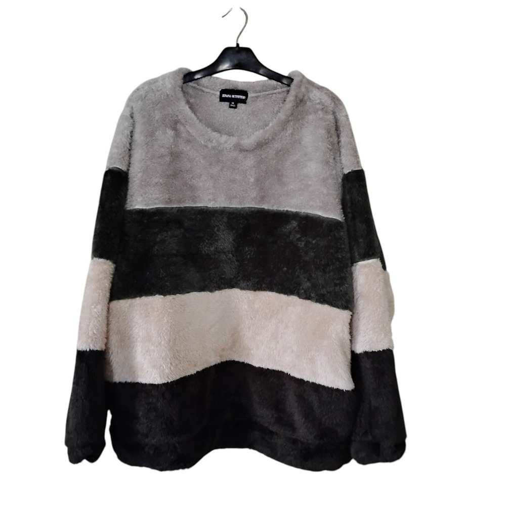 Zenana Outfitters Faux Fur Striped Teddy Sweater 1X Grey Black FT-2826X
